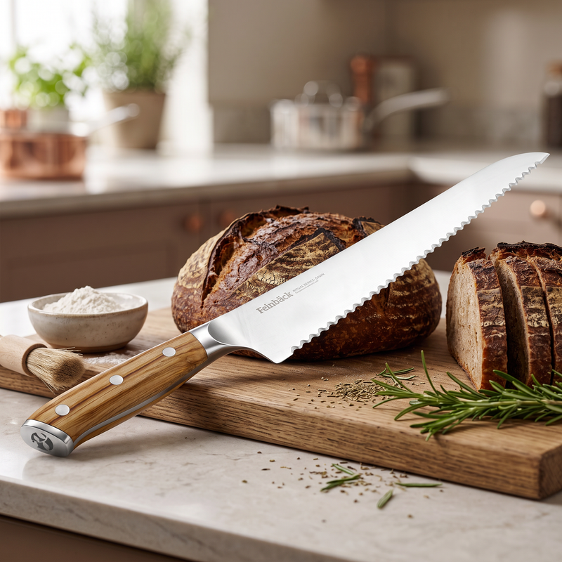 A beautiful olive wood bread knife from Feinback is long enough to cut large boules and crusty artisan bread