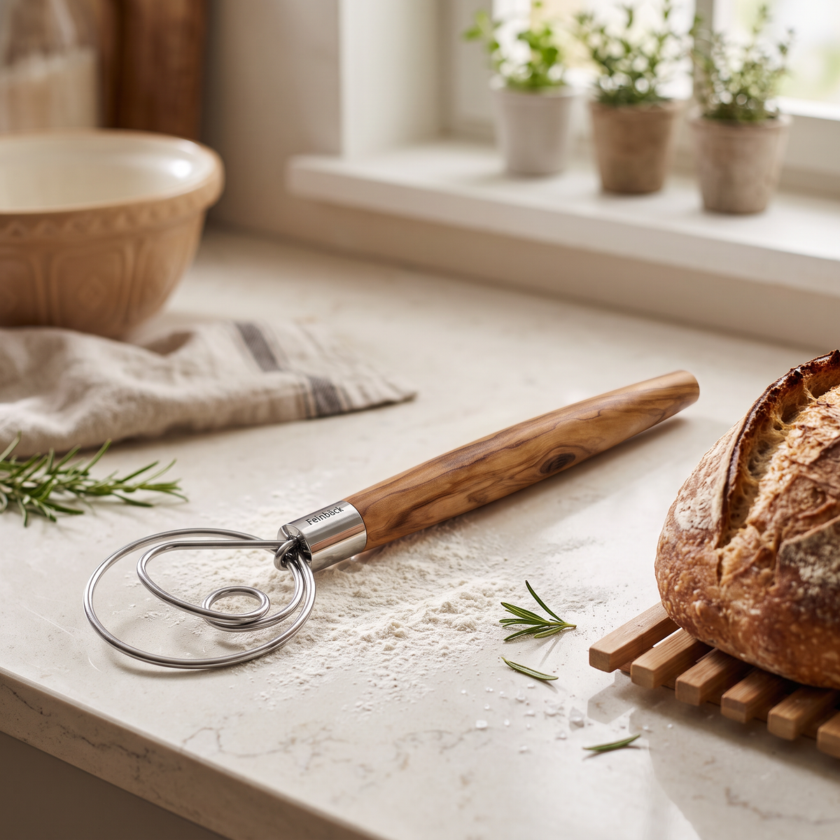 Danish Dough Whisk with Olive Wood Handle